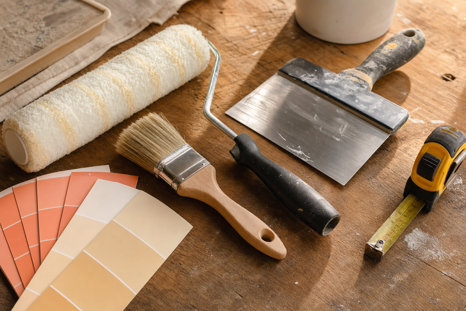 Painting and drywall tools with warm-toned paint color swatches