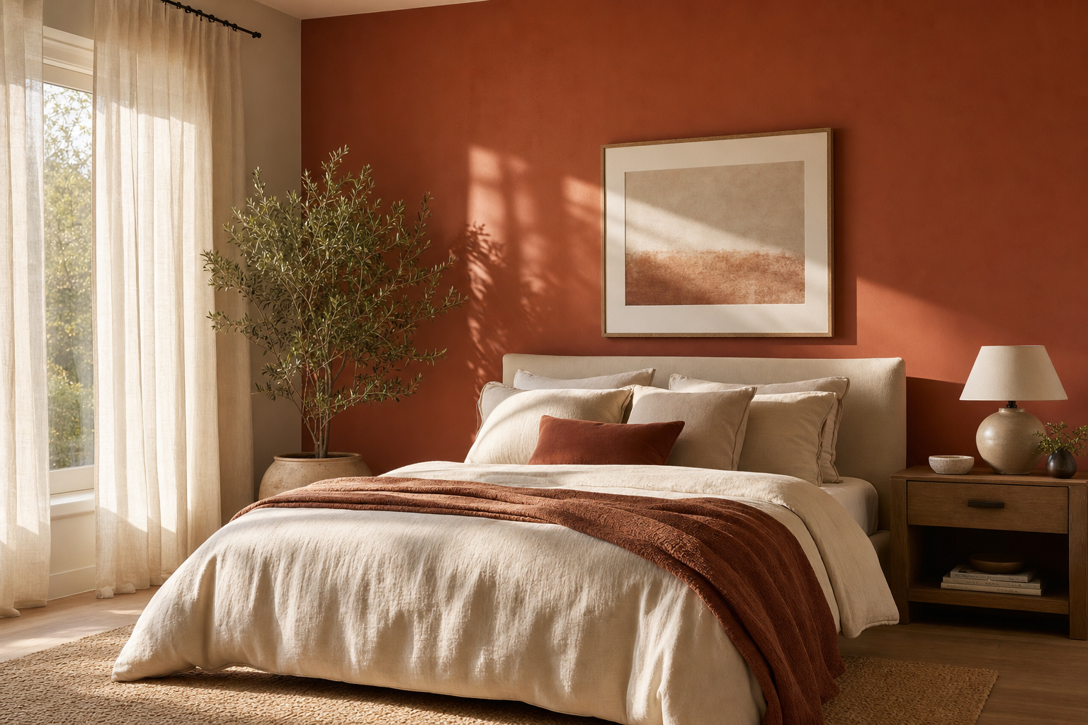 A bedroom with a deep terracotta accent wall behind a neatly made bed