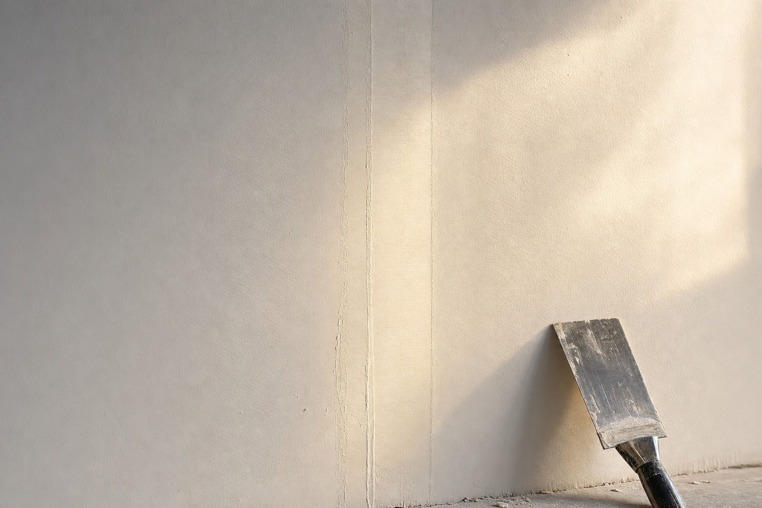Close-up of a smooth, freshly taped and floated drywall seam