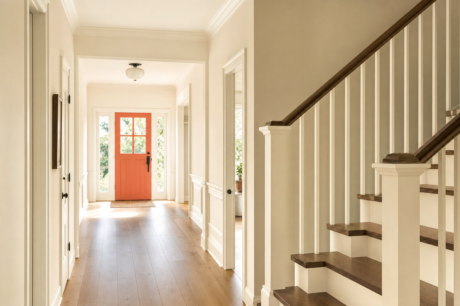 A bright hallway and staircase painted in warm cream with a coral-orange front door