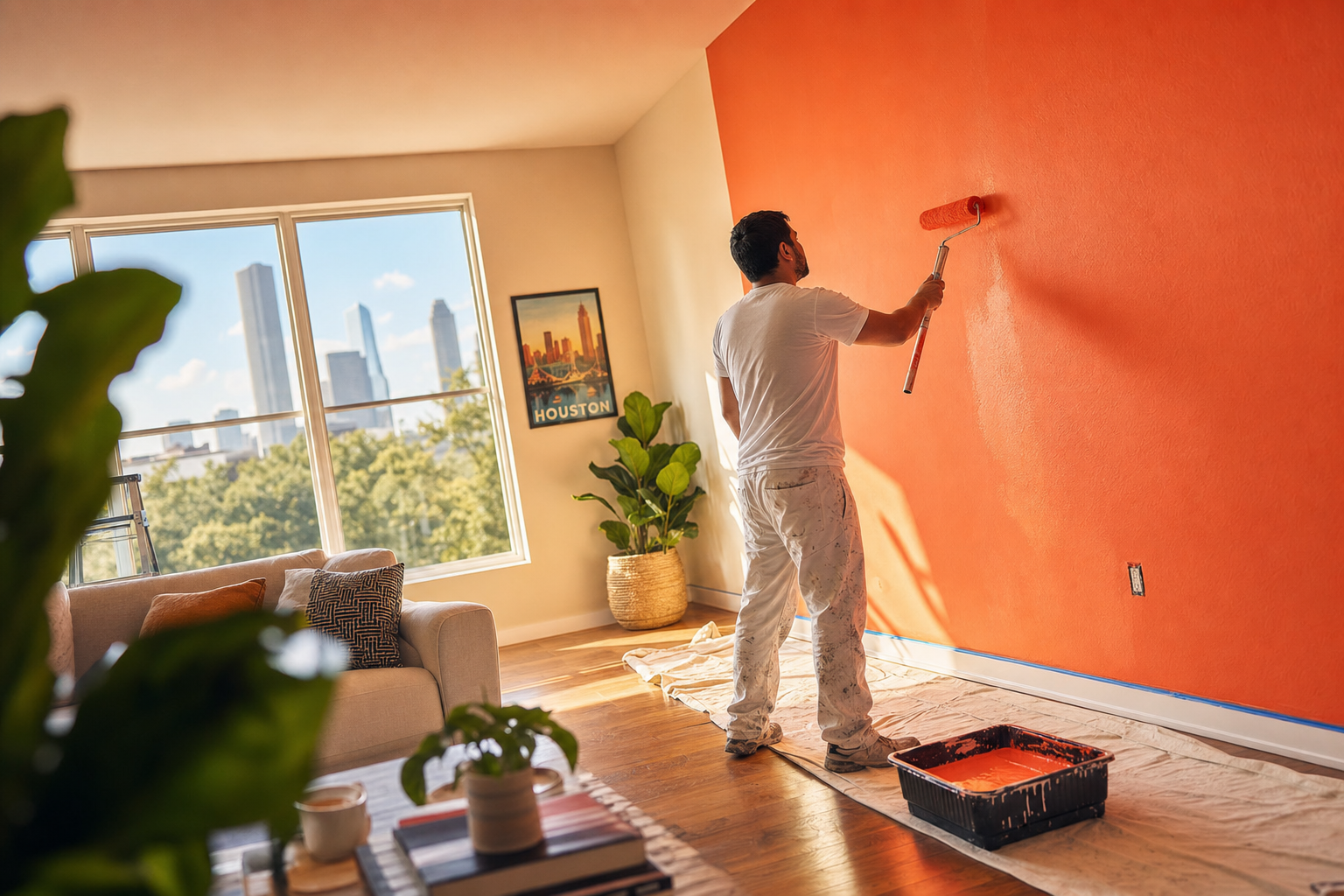 A painter rolling a bold coral-orange accent color onto a living room wall in a bright Houston home